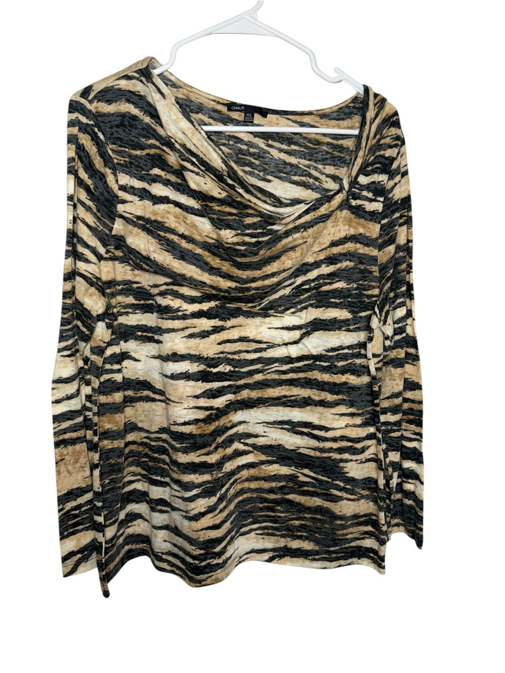 Chaus Women's Black and Beige Zebra-Stripe Cowl Neck Top
